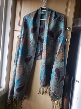 100% Pashmina Teal and Brown Paisley Pashmina Scarf
